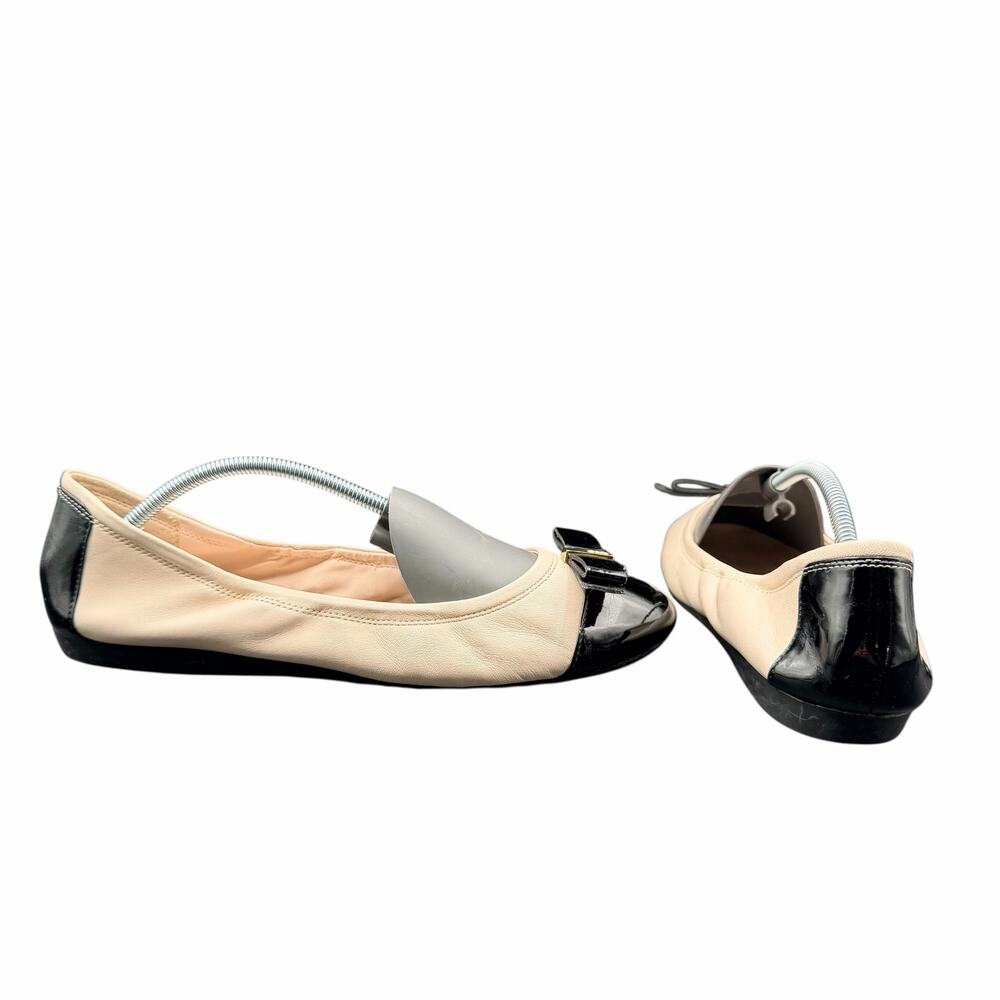 Cole Haan Leather Ballet Flats Beige Black Cap Toe Bow 10.5B